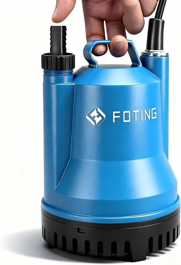 FOTING Sump Pump, 1/4HP 1676GPH Portable Submersible Water Pump for Clean&Dirty Water Removal, Thermoplastic Electric Utility Pump with 10FT Cord for Pool Draining Hot Tub Garden Basement, Blue