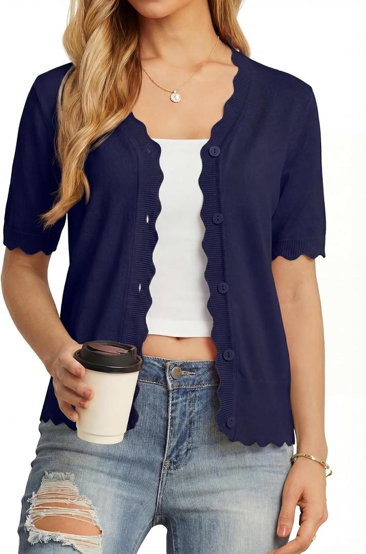 GRECERELLE Summer Short Sleeve Cardigan for Womens Lightweight Cropped Knit Sweater Shrug (Large, Navy Blue)