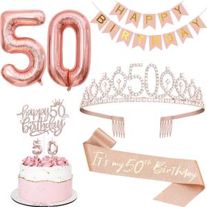 50th Birthday Decorations for Women, Including 50th Tiara and Sash, Happy Birthday Banner, Cake Toppers, Number Candles and Balloons Set, Rose Gold