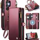 Defencase for Samsung Galaxy S25 Ultra Magnetic Wallet Case Compatible with Magsafe with RFID Blocking Zipper & Card Holder Women, PU Leather Detachable Phone Case for Galaxy S25 Ultra 6.9", Wine Red