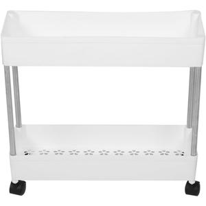 Housoutil Slim Rolling Storage Cart, 2-Tier Mobile Shelving Unit, White Plastic and Iron Trolley Rack for Kitchen, Bathroom, Office, Laundry Room, 15.74 X 15.74 X 5.11 Inches