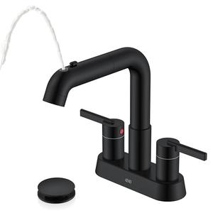 KENES Matte Black Centerset Bathroom Faucet with Pull Down Sprayer, 4 Inch 2 Handle Pull Out Bathroom Faucet 3 Hole, Bathroom Sink Faucet with Pop Up Drain & Supply Lines LJ-9059A-2