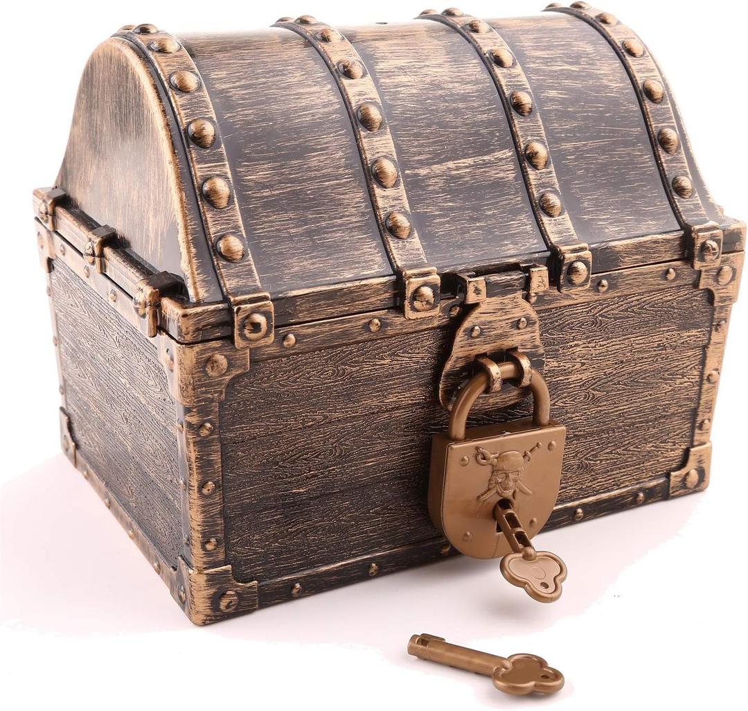 Lingway Toys Large Kids Pirate Treasure Chest Teacher's Favorite Treasures Collection Storage Box with 2 Sets of Locks and Keys Only(Vintage Bronze Coating,8.7"X6.3"X6.9")