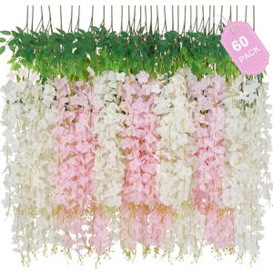 60 Pack White Pink Wisteria Hanging Flowers, Fake Hanging Flowers for Decoration, Artificial Flowers,Vines for Bedroom,Flower Garland for Home,Party,Garden, Wall,Wedding Decoration(3.6 Ft/Pcs)
