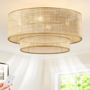 Boho Caged Ceiling Fans with Lights,Rattan Fandelier Ceiling Fans with Lights and Remote Control, Coastal Enclosed Flush Mount with Reversible 6 Speeds for Bedroom Dining Room Kitchen (gold3)