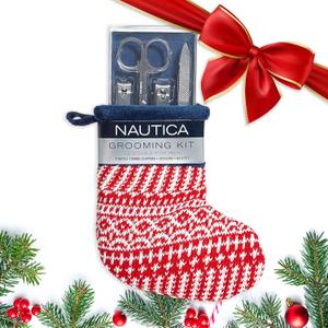 Nautica Nail Grooming Kit for Men - Complete Set in a Christmas Stocking | 4 Premium Quality Tools for a Well-Groomed Look, Red/White