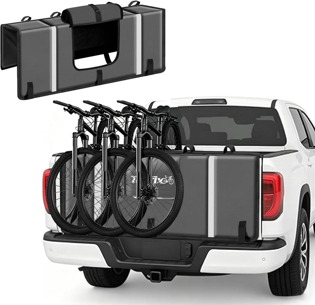 Tailgate Pad for Mountain Bikes, 51" Tailgate Protection Pad for Compact & Mid-Size Trucks, Holds Up to 5 Bikes, with Tool Pockets, Backup Camera Access Flap