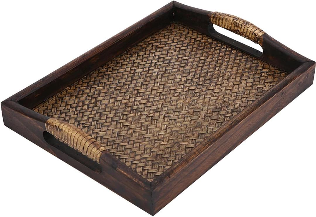 Hand-Woven Rattan Rectangular Serving Tray with Handles, 9-inch Decorative Serving Trays Platter for Breakfast, Drinks, Snack for Dining/Coffee Table