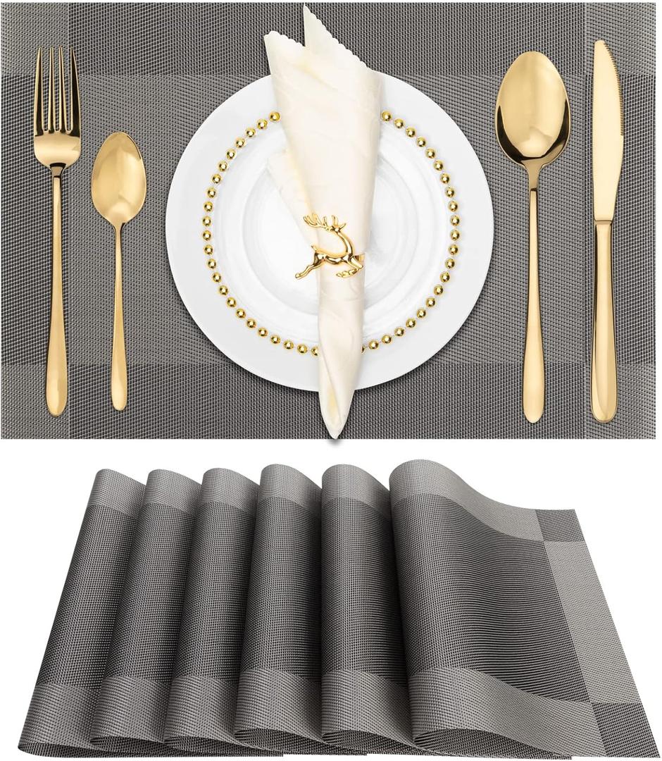 Winknowl Placemats for Dining Table Set of 6 Waterproof, Woven Place Mats for Kitchen Table Vinyl Heat Insulation Stain Resistant Placemats (Gray) (Silver Grey)