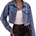 LONGYIDA Women's Cropped Denim Jacket | Distressed Button-Down Jean Jacket | Long Sleeve Ripped & Frayed Blue Coat (XX-Large, 2#Dark Blue)
