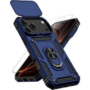 for iPhone 17 Pro Max Case, with Slide Camera Cover HD Screen Protector [Military Grade 16ft. Drop Tested] Ring Holder Kickstand Protective Phone Case for Apple iPhone 17 Pro Max, Navy Blue
