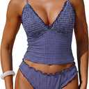 ZAFUL Tankini Swimsuits for Women Ruffle Trim Textured High Cut Tankini Set Two Piece Bathing Suits(2-Blue Plaid, XL)
