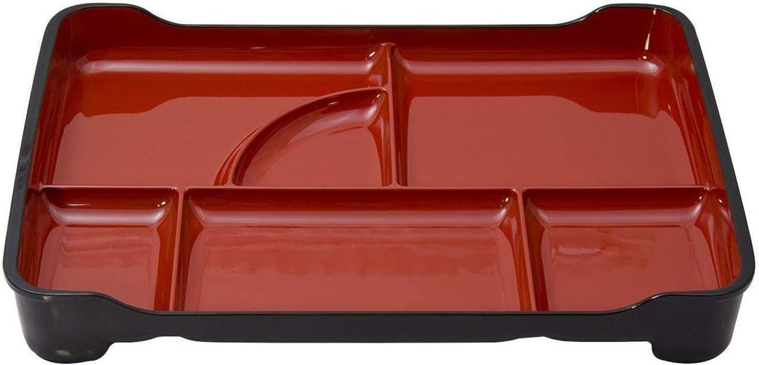 JapanBargain 1590, Red and Black Japanese Traditional Plastic Lacquered Lunch Bento Box 6 Compartments Plate for Restaurant or Home Made in Japan, 14"x9.25"
