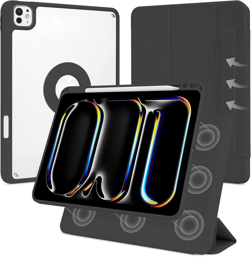 Case for iPad Pro 11 inch M5/M4 (2025/2024, 6th/5th Generation), Removable and Detachable Magnetic Cover with Pencil Holder, Vertical Adjustable Stand, Tri-Fold Multi-Angle, Black