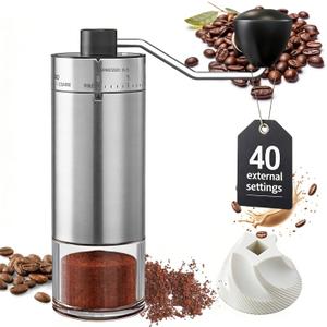 Manual Coffee Grinder 40 External Adjustable Settings, Ceramic Conical Burr Stainless Steel Hand Coffee Bean Grinder, Portable Coffee Mill for Espresso, Pour Over, French Press, Camping Travel