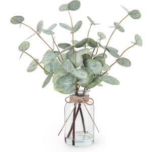 Artificial Eucalyptus Stems in Glass Vase with Faux Water, 13.5" Fake Plants for Home Decor, Coffee Table Centerpieces, Office, Bathroom & Farmhouse Weddings - Faux Greenery Plants Decorations