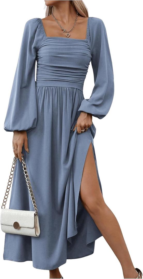 Floerns Women's Square Neck Lantern Long Sleeve Dress Split Ruched Party Midi Dresses Dusty Blue Large