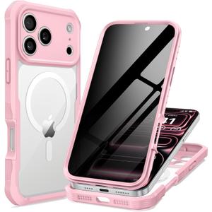 seacosmo for iPhone 17 Pro Max Case, Full Body Bumper with Built-in Tempered Glass Privacy Screen Protector and Camera Lens Protection, Compatible with MagSafe, Shockproof Phone Case, 6.9", Pink