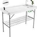 Folding Fish Cleaning Table Portable Camping Sink Table with Faucet Drainage Hose & Sprayer Outdoor Fish Fillet Cleaning Station with Grid Rack & Knife Groove for Picnic Fishing, Grey, 23D x 45W x 37H in