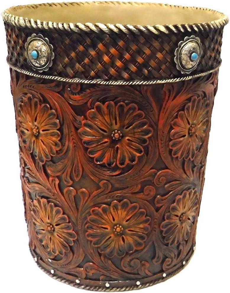 Western Tooled Saddle Leather-Look Wastebasket w/Flowers & Conchos