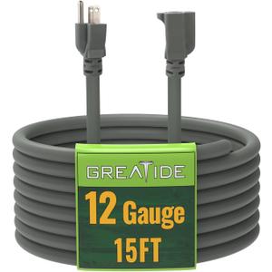 15 Ft Outdoor Extension Cord - 12/3 SJTW Heavy Duty Grey Extension Cable with 3 Prong Grounded Plug - Power Cord for Lawn, Garden, Appliances