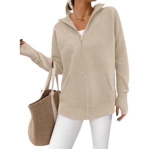 PRETTYGARDEN Womens Fall 2025 Long Sleeve Zip Up Cardigan Sweaters Casual Loose Collared Ribbed Knit Tops Jackets Thumb Hole(Light Khaki, Small)