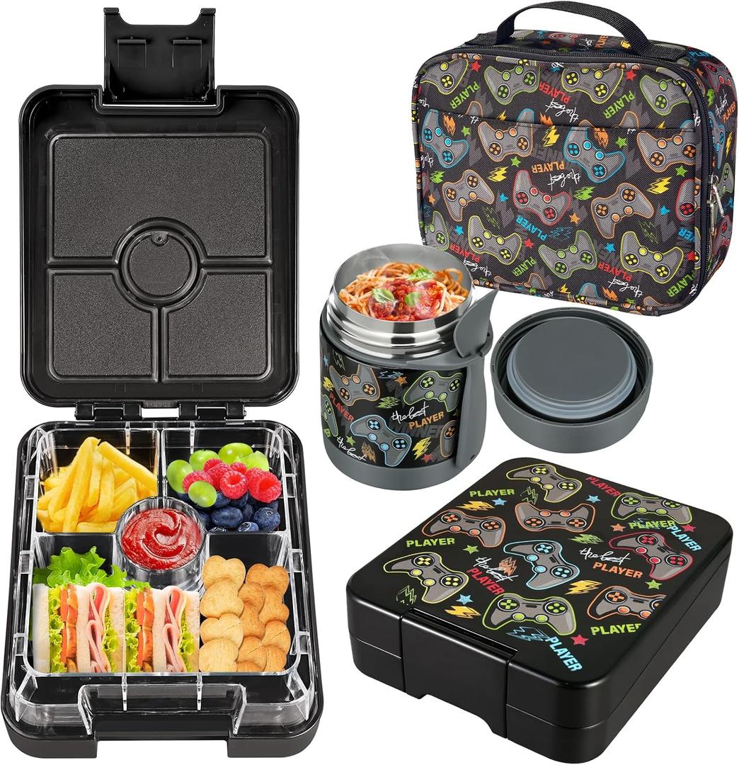 Bento Lunch Box Set for Kids with 10oz Soup Thermo, Leak-Proof Lunch Containers with 4 Compartment, Kids Thermo Hot Food Jar and Insulated Lunch Bag for Kid to School,BPA-Free(Black-Game Console)