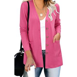 ULTRANICE Women's Cardigan Sweaters Lightweight Long Sleeve Open Front Knitted Button Down Cardigans Tops with Pockets (Pink, L)
