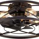18 inch Rustic Farmhouse Caged Ceiling Fans with Lights and Remote, Industrial Black Low Profile Flush Mount Fandelier, Small Bladeless Ceiling Fan with Light for Bedroom, Kitchen, Cabin, Dining Room
