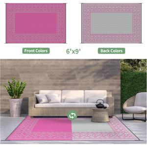 GENIMO Outdoor Rug Waterproof 6'x9' for Patio, Foldable Reversible Plastic Straw Carpet for Travel Trailers, Outside Area Mat for Rv, Deck, Picnic, Porch, Camper, Balcony, Beach, Pink & Grey