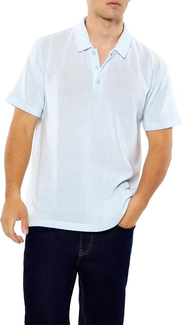 Forever 21 Men's Soft Ribbed Knit Polo Shirt (Blue, Small)
