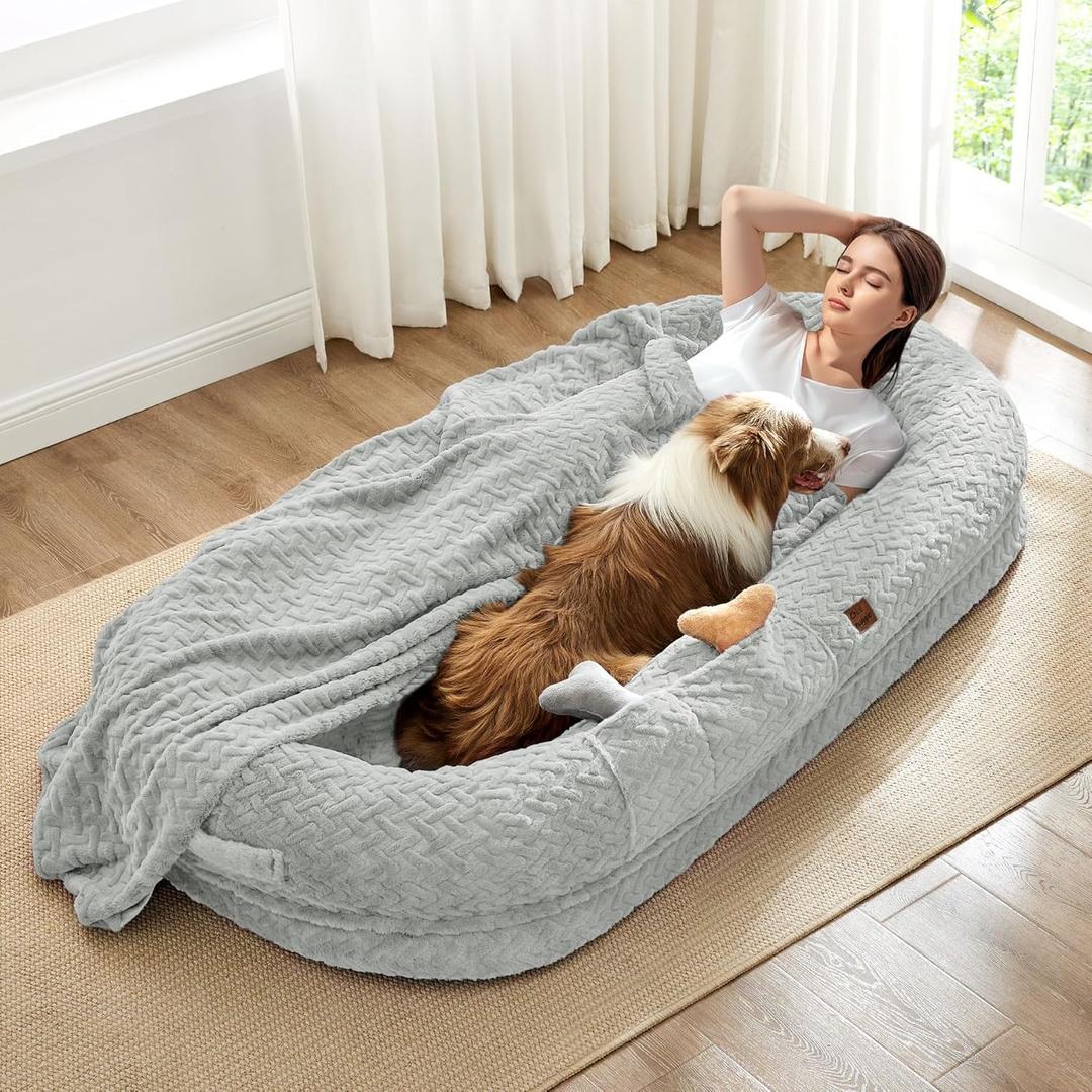 Human Dog Bed for Adult - Luxury Faux Fur Giant Size Dog Bed with Portable Handle, Egg Orthopedic Foam with Blanket, 72"x40"x10", Light Grey