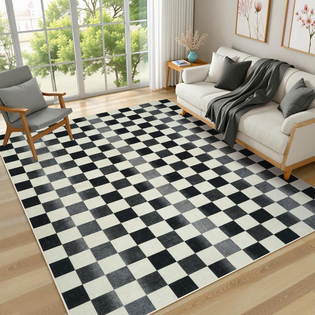 Seavish Ombre Checkered Rug, 8x10 Black and White Rugs for Living Room, Low Pile Soft Bedroom Rug Under Bed Non-Slip Large Checkerboard Modern Neutral Area Rug for Dining Room Playroom