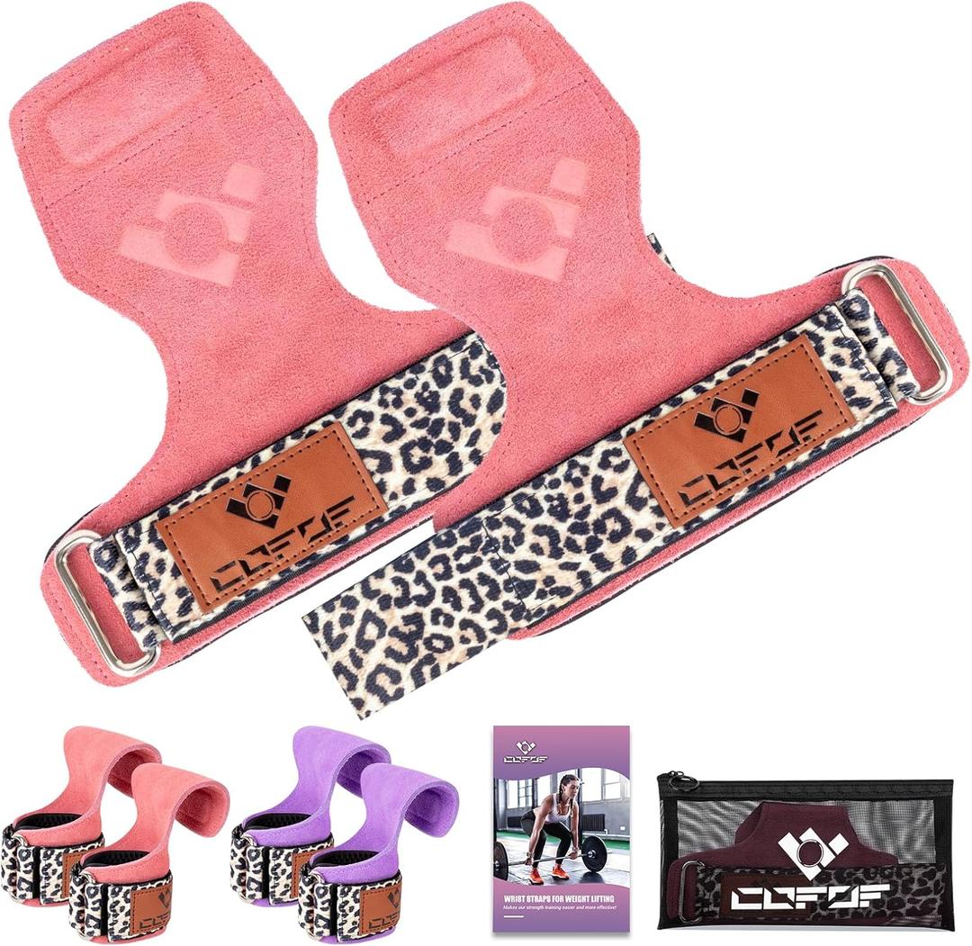 COFOF Weight Lifting Wrist Strap, Double Layer Leather Wrist Strap for Deadlift and Powerlifting, Adjustable Neoprene Padded Gym Workout Lifting Hooks (Pair) (Pink Leopard)