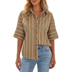 Cicy Bell Women Striped Button Down Shirt Short Sleeve Collared Blouse Tops (Brown)