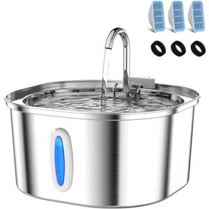 Stainless Steel Cat Water Fountain, 3.2L/108oz Cat Water Dispenser with Quiet Water Pump and Water-Level Window, Dishwasher Safe Pet Drinking Fountain for Cats with 3 Filters + 3 Sponges