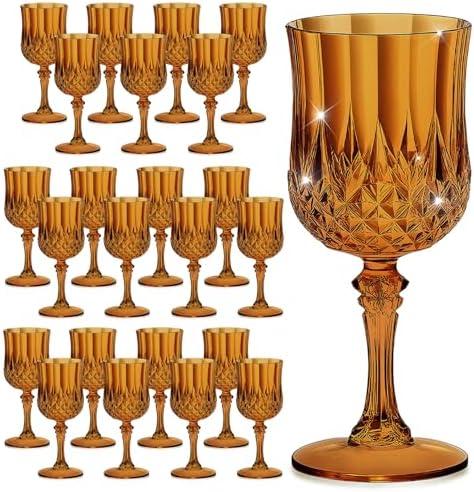 HTTBEIZI 24PCS 7OZ Amber Plastic Glasses, Drinking Champagne Glasses Flutes Crystal Vintage Water Unbreakable Goblets for Wedding, Parties