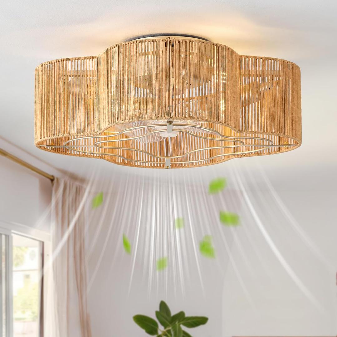 Boho Ceiling Fans with Lights, 20" Low Profile Ceiling Fan with Light Remote Control, Bladeless Flush Mount with 6 Speeds for Bedroom, Nursery, Living Room. (Ivory)