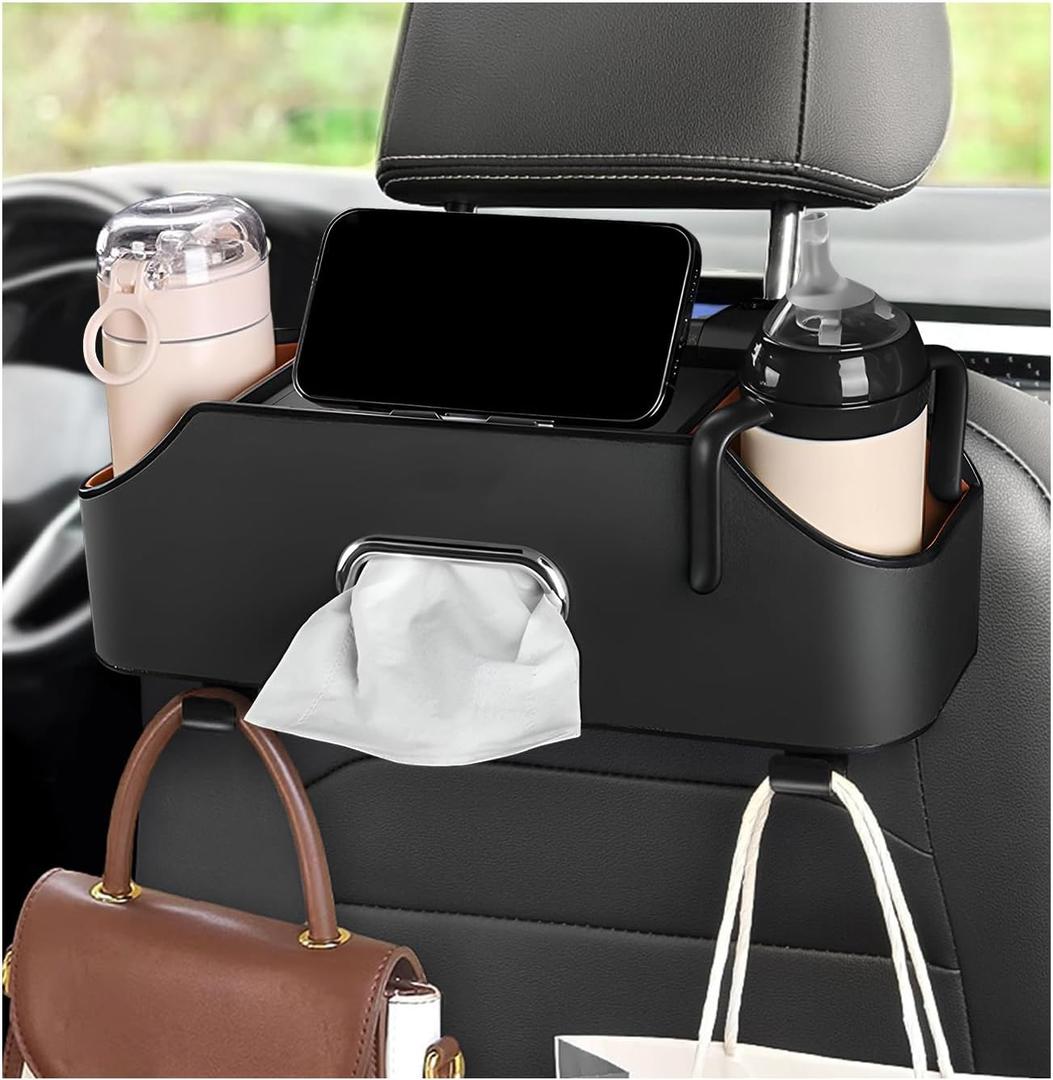 Car Seat Back Organizer with 2 Drink Cup Holder, Headrest Rear Seat Storage Organizer with Tissue Box and Hook, Multi-Functional Backseat Hanging Storage Box for Kids Travel (Black)