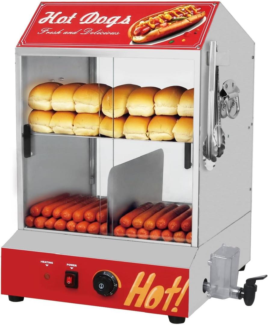 Hot Dog Steamer Machine, 31.7QT/30L, 2-Tier Electric Hot Dog Steamer with Bun Warmer, Adjustable Temperature, Hot Dog Hut Steamer with Visible Glass Sliding Door, 175 Hot Dogs & 40 Buns Capacity