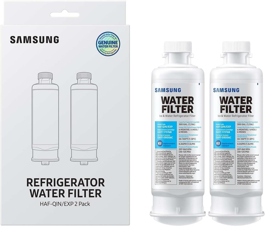 Samsung HAF-QIN-2P/EXP Genuine Refrigerator Water Filter, Reduces 99% of Harmful Contaminants for Clean, Clear Drinking Water, 6-Month Life, Easy Install, Pack of 2