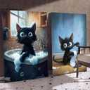 2Pcs Funny Black Cat Bathroom Canvas Wall Art Cute Pets Cat Paintings Pictures Wall Decor Animals Bathroom Poster Printing Artwork for Home Farmhouse Toilet Lavatory Restroom Home Decoration 16x24