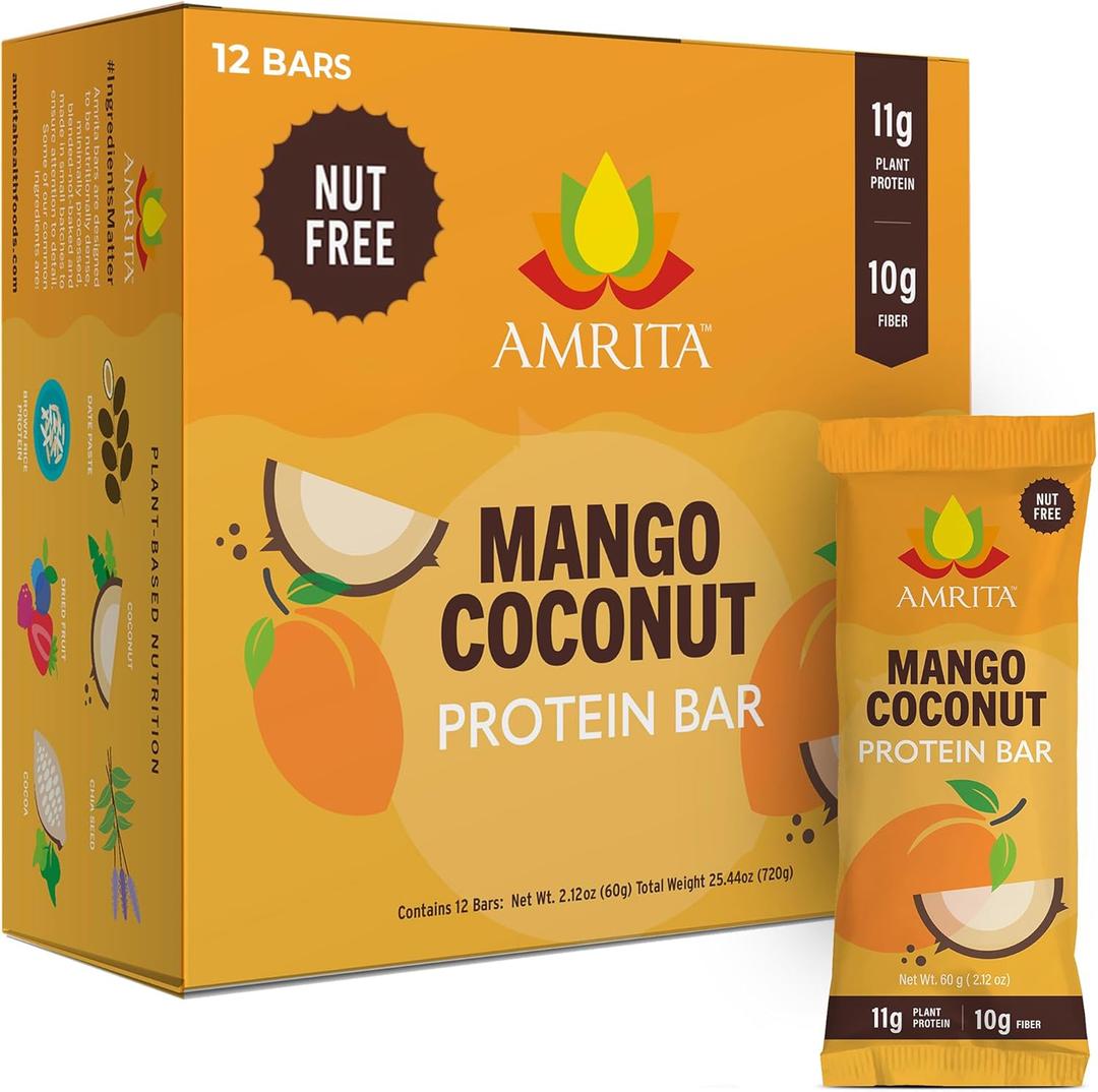 Amrita Nut Free Mango Coconut Vegan Protein Bars (12 Count) | 11g Plant-Based Protein Bar | Peanut Free, Gluten Free, and Dairy Free | Low Sugar, High Fiber, Healthy School-Safe Snacks
