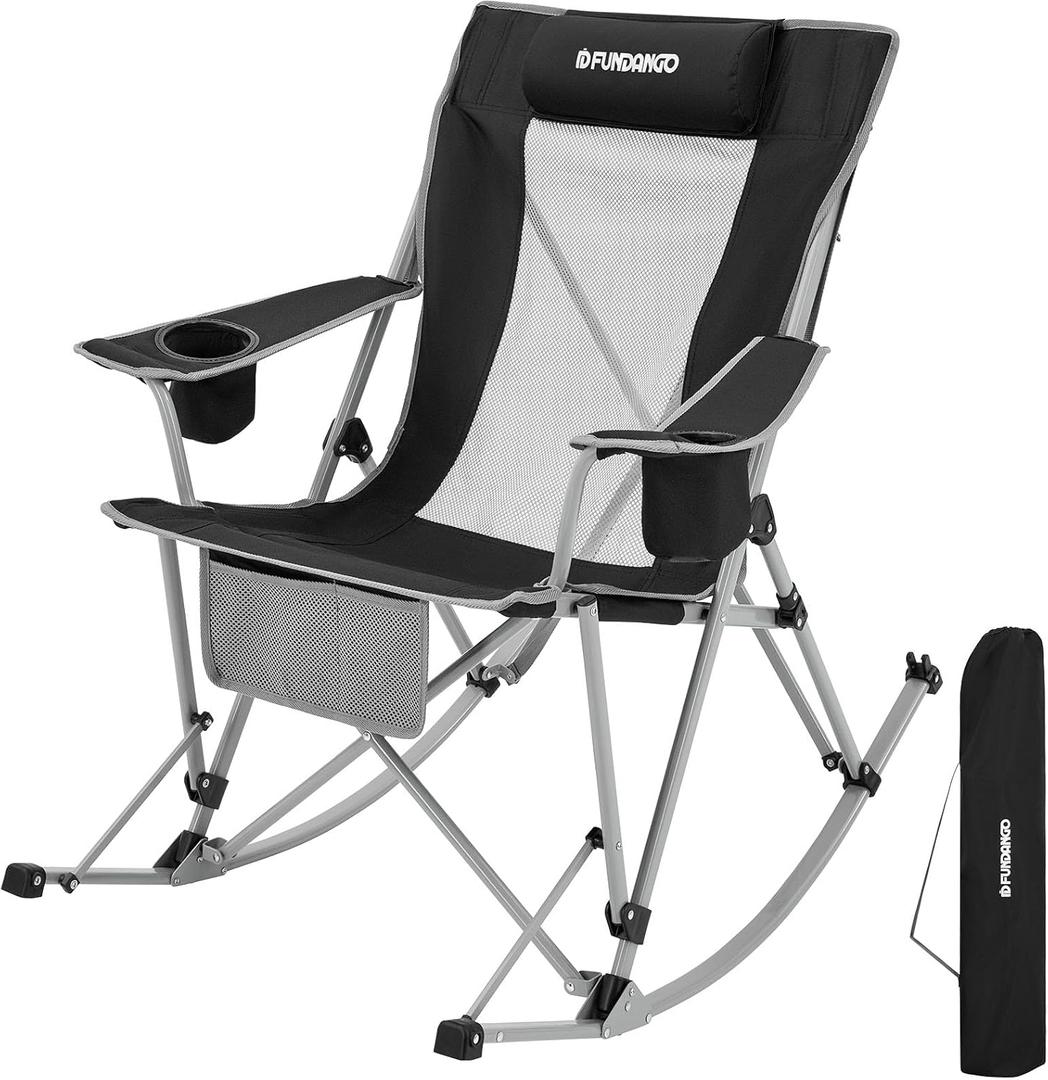 FUNDANGO Rocking Camping Chair, High Mesh Back Portable Folding Camp Chairs with Pillows, Cup Holder and Carry Bag for Lawn Patio Garden Outdoor Supports 300 Lbs (Black/Grey)