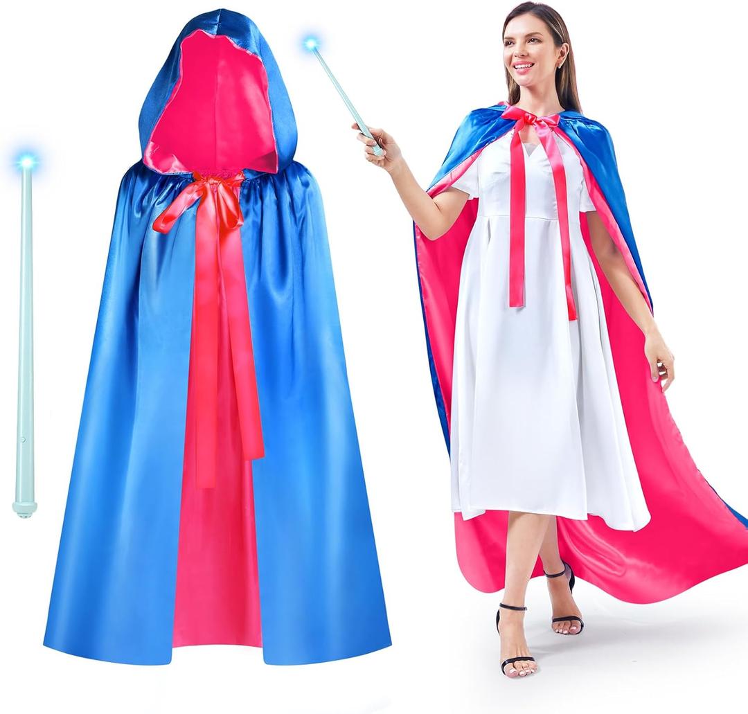 Haysandy Hooded Cloak Costume & Magic Wand Set, Fairy Princess Cape Cloak Costume for Women Party Cosplay (5 ft, Blue & Rose)