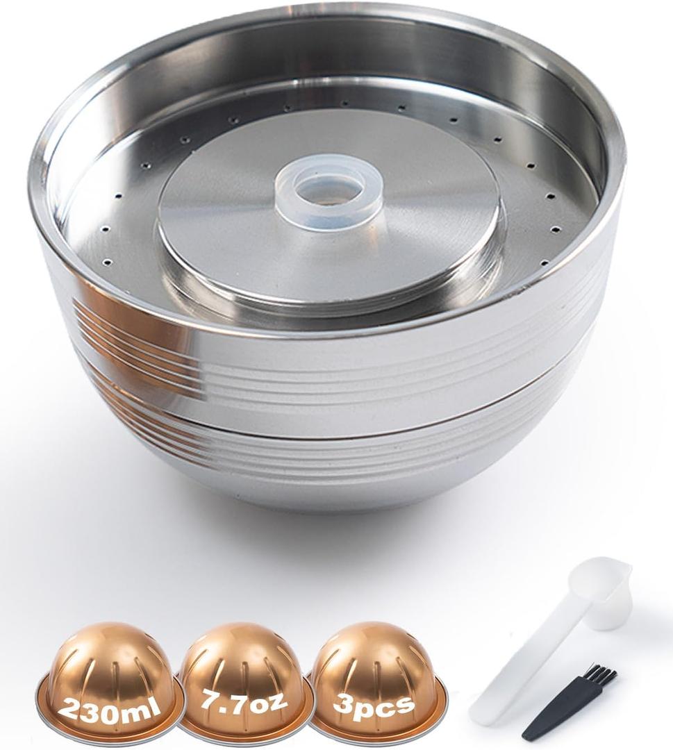 Reusable Coffee Pods Compatible with Nespresso Vertuo Next, Plus&POP,Stainless Steel Refillable Capsule Kit with 3pcs 230ml (7.7oz) Aluminum Shells, Eco-Friendly Coffee Accessory, Scoop & Brush