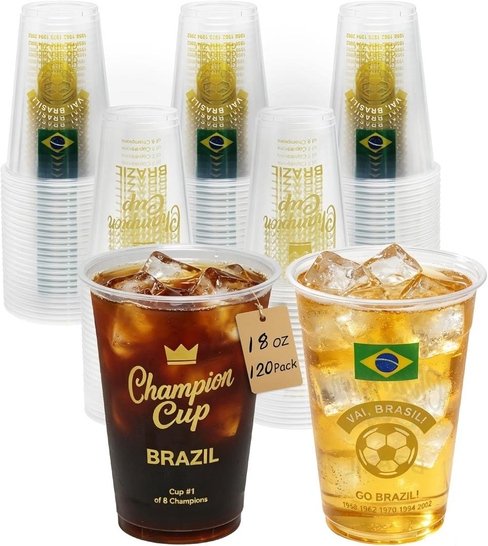18 oz Champion Cup Salute To Brazil, 5-Time World Soccer Champion, 120-Count Disposable Plastic Party Cups, Flag Themed for Restaurant Catering Concession Fan Event Decorations, VAI BRASIL