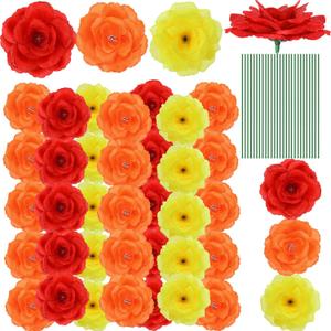 Yunlly 100 Pcs Artificial Flowers Fake Silk Roses Long Stem Rose Bouquet Wedding Party Home Decor for DIY Baby Shower Centerpieces Tables Home Decorations (Red, Orange, Yellow)