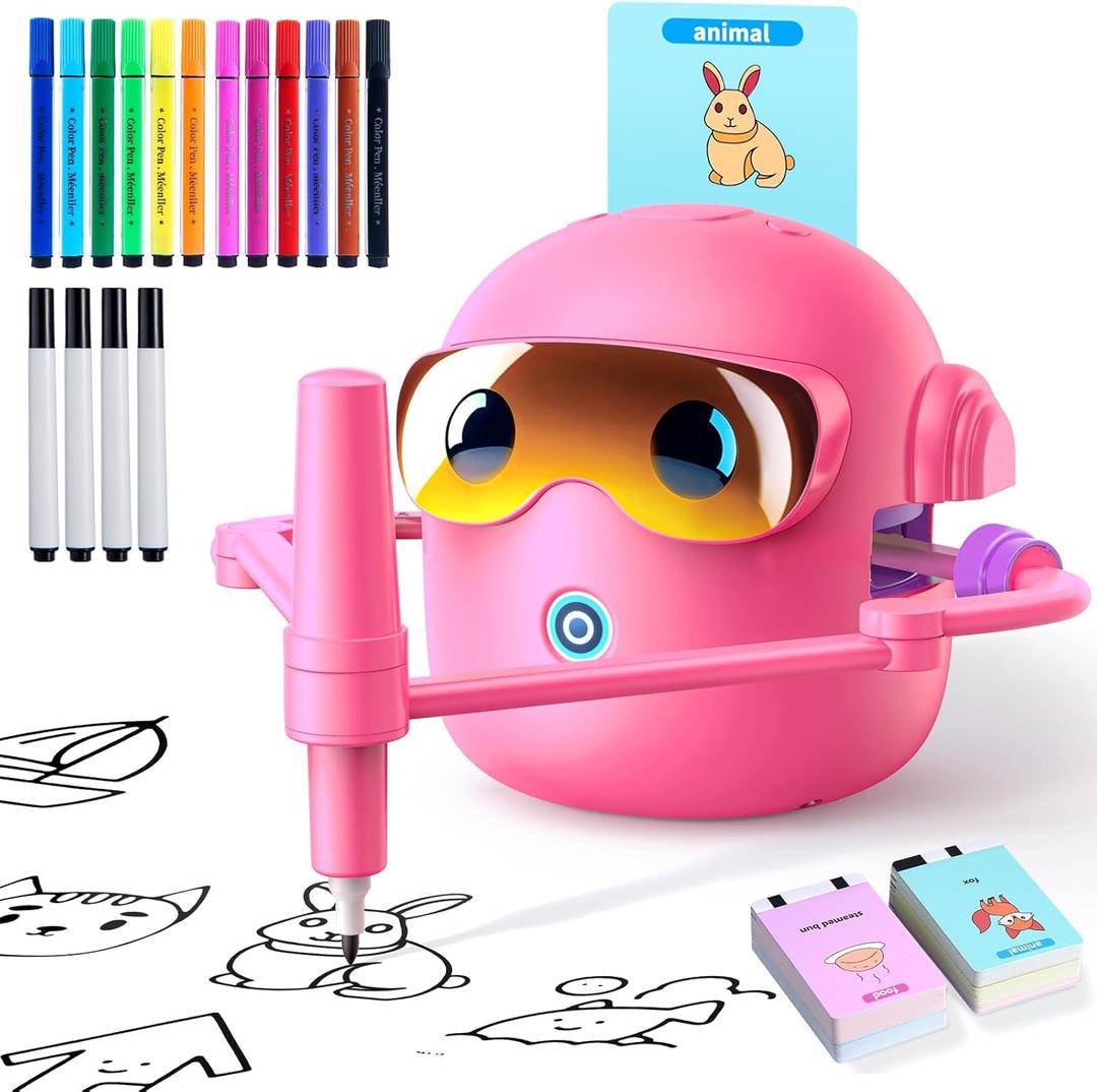 Drawing Robot for Kids with 100 Cards, Montessori Painting Learning Toys for 3 4 5 6 7 8 Year Old Boys Girls,Voice Interactive Early Learning Educational Drawing Toy Gift for Birthday Party (Pink)