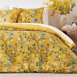 MUSSEL Yellow Bedding Queen Comforter Set 3 Pieces,Vintage Botanical Floral Pattern Bed Comforter Sets, Boho Whimsical Modern Printed Design Cute Seersucker Bedroom Comforter and Shams